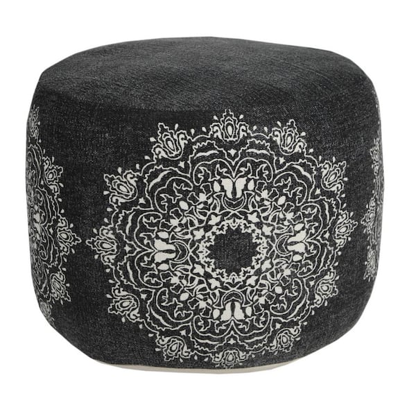 HomeRoots Amelia Black Cotton Round Accent Ottoman