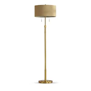 Grande 68 in. Brushed Brass 2-Lights Adjustable Height Standard Floor Lamp with Drum Brown Shade