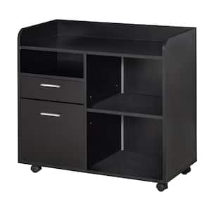 Black Mobile Filing Cabinet Printer Stand with 2-Drawers, 3-Open Storage Shelves for Home Office Organization