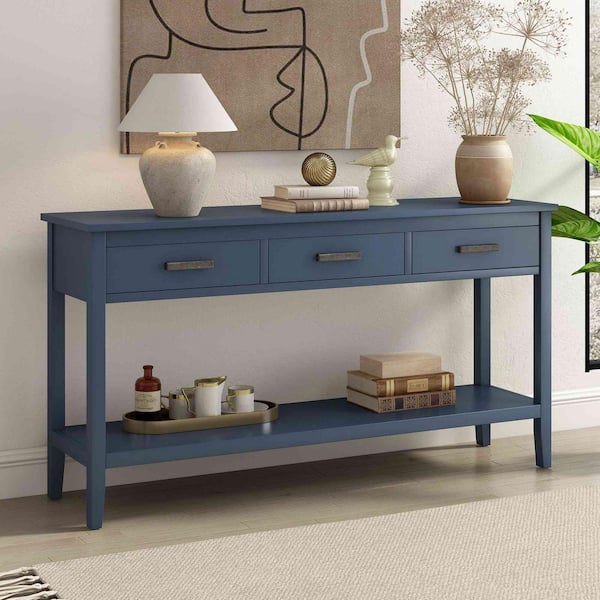 59.1 in. Navy Blue Rectangle Wood Console Table with 1-Shelf, Entrance Table for Entryway, Hallway, Living Room