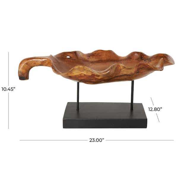 Litton Lane Brown Teak Wood Floating Leaf Sculpture with Black Stand and Base