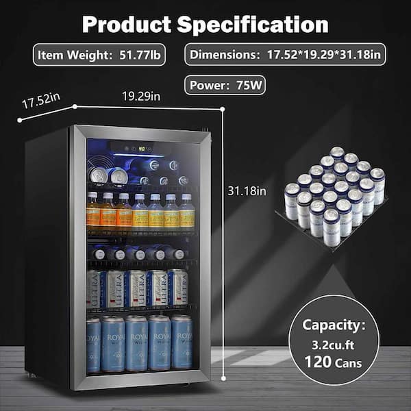 19.29 in. Single Zone 120-Cans Beverage Cooler in Stainless Steel With Adjustable Shelves, Bar/Office/Home Use