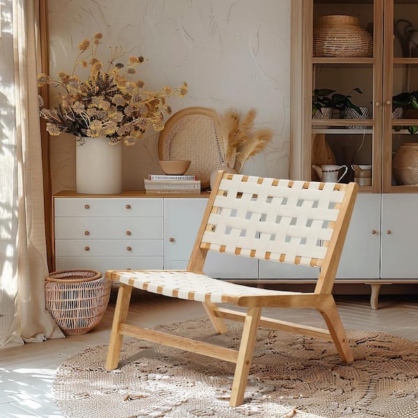 LuxenHome Natural Rubberwood with White PU Leather Low