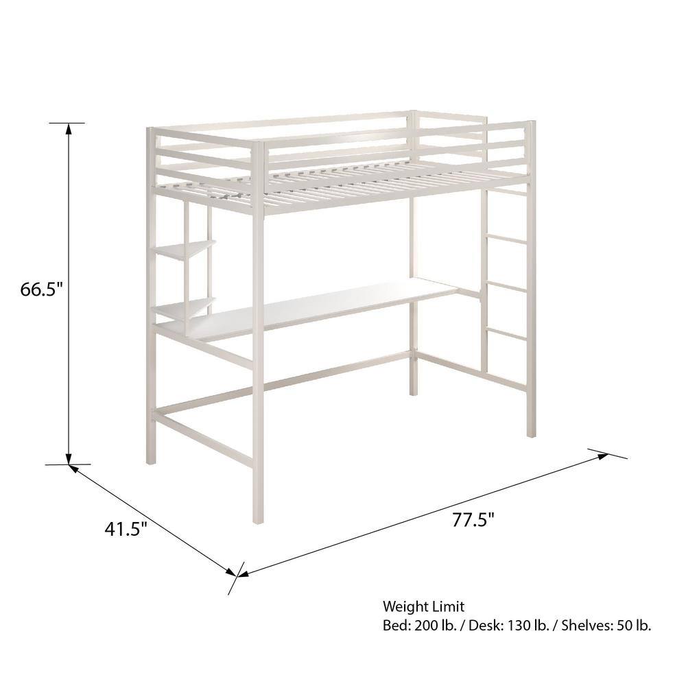 Off-White Twin Metal Loft Bed with Desk and Shelves
