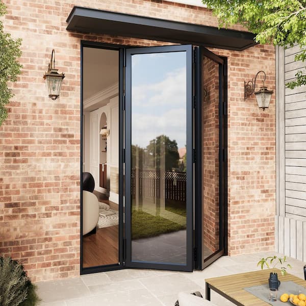 72 in. x 96 in. Right Swing/OutSwing Double Tempered Glass Black Aluminum Folding Patio Door (2-Folding)