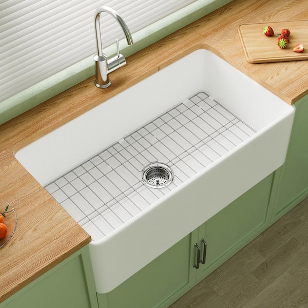 Jasmie Farmhouse Series 30 in. Apron Front Kitchen Sink Single Bowl White Fireclay Sink with Bottom Grids and Drain Barn Sink