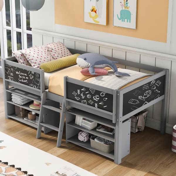 Qualler Gray Twin Low Loft Bed with 2-Movable Shelves and Ladder