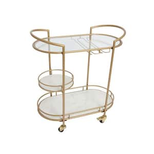 Outdoor Patio Metal Bar Serving Cart 3-Tier with White Marble and Glass Shelves in Matte Gold