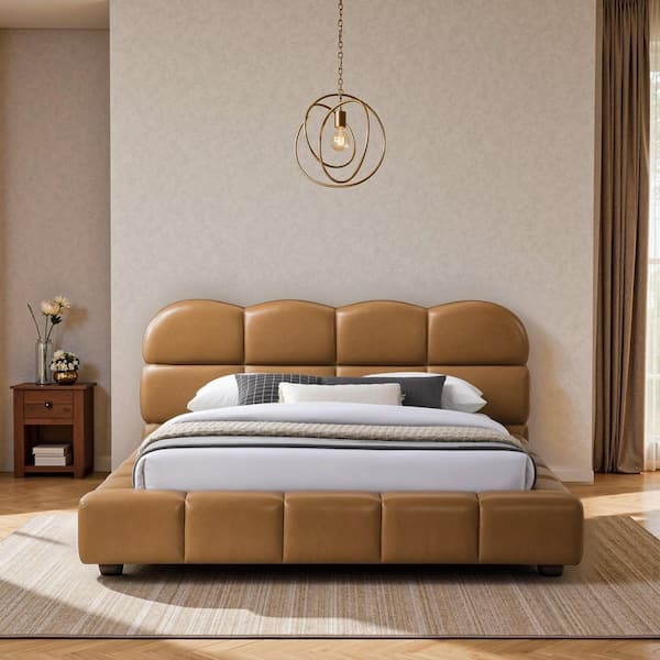 Olympia Tan Brown Wood Frame Biscuit-Tufted Contemporary Queen Size Platform Bed