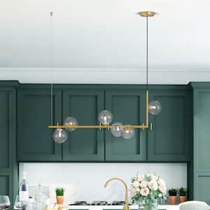 Herculaneum 6-Light Brass Modern Linear Glass Bubble Kitchen Island Pendant with Clear Glass Globe for Dining Room
