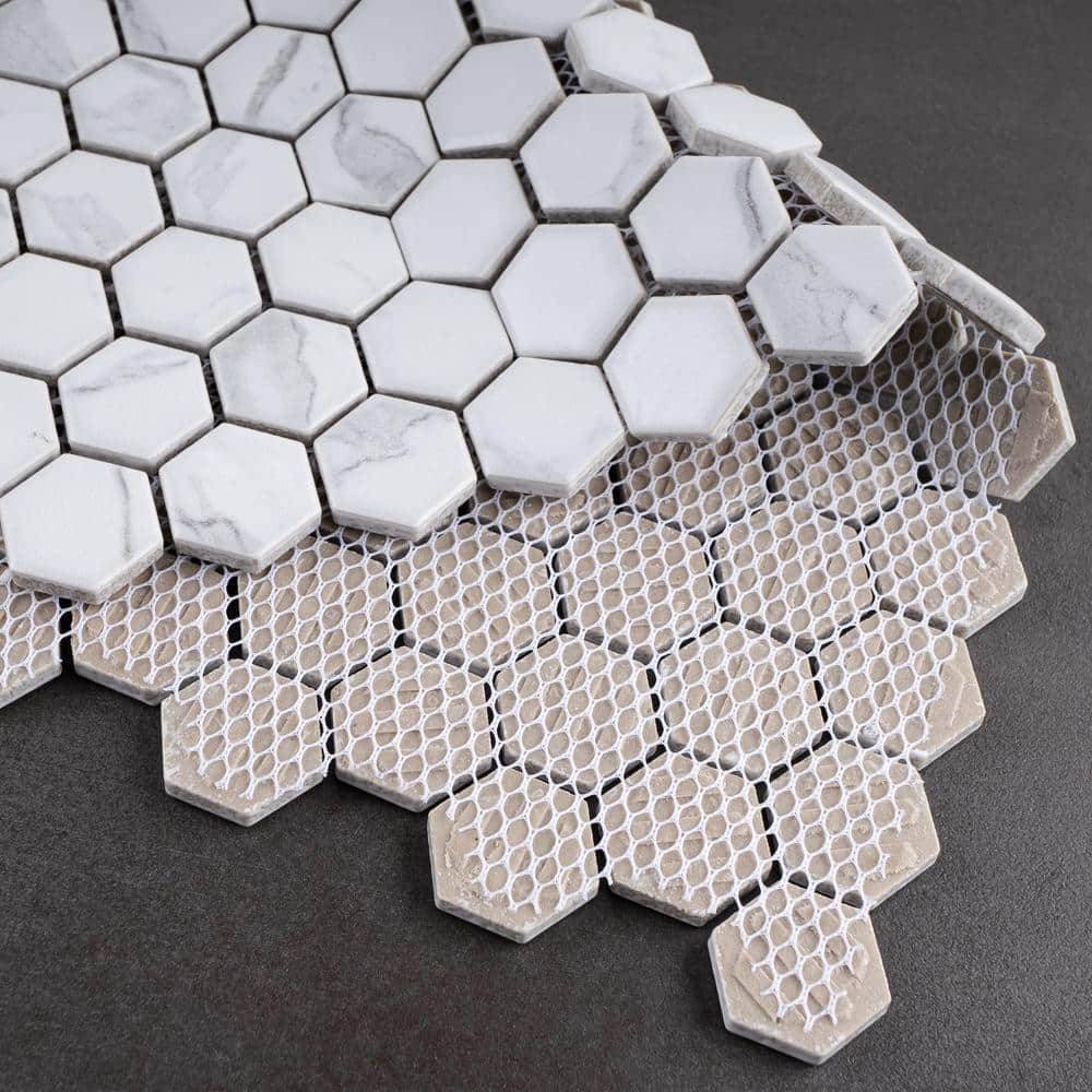 White Hexagon Porcelain Mosaic Tile with Marble Look