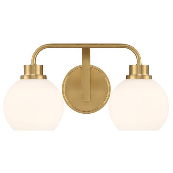 TUXEDO PARK LIGHTING 16 in. W x 8.25 in. H 2-Light Natural Brass Contemporary Bathroom Vanity Light with White Opal Glass Shades