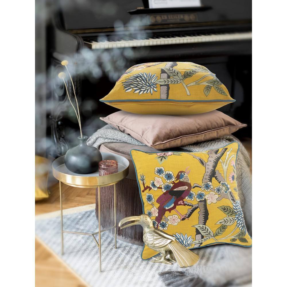 Yellow Cotton Bird of Paradise Embroidered Throw Pillow