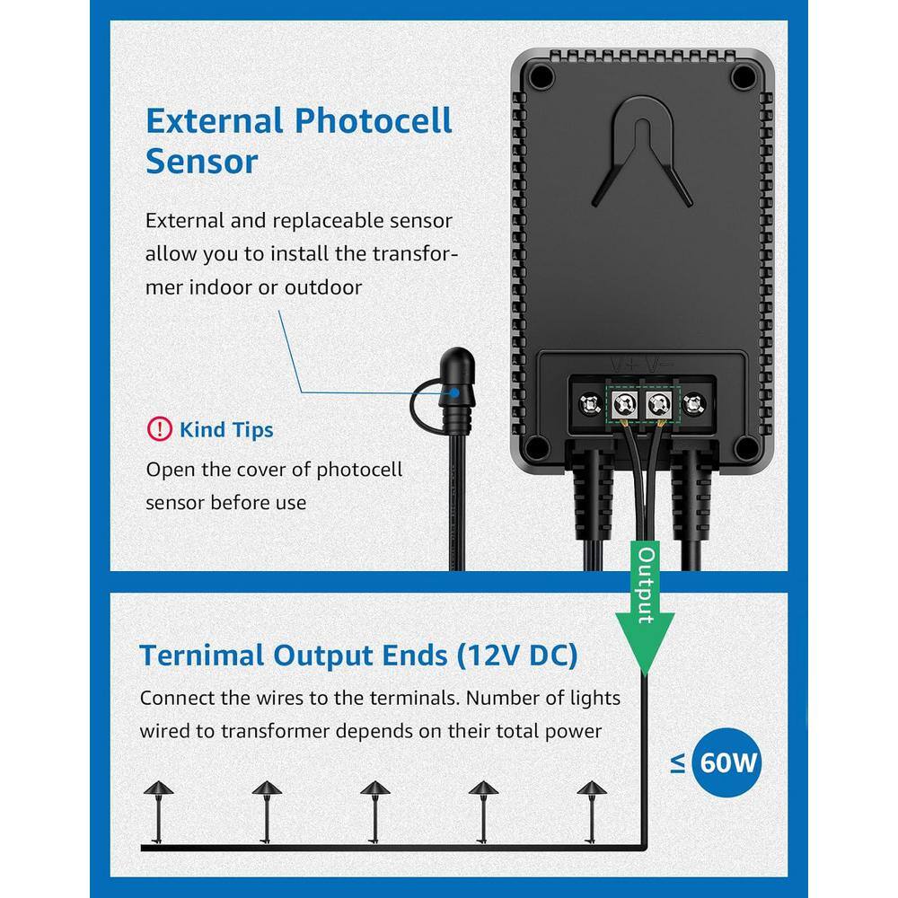 60W Black Low Voltage Landscape Transformer with Timer and Photocell Sensor