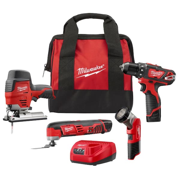M12 12V Lithium-Ion Cordless Combo Tool Kit (4-Tool) with Two 1.5 Ah Batteries, 1 Charger, 1 Tool Bag