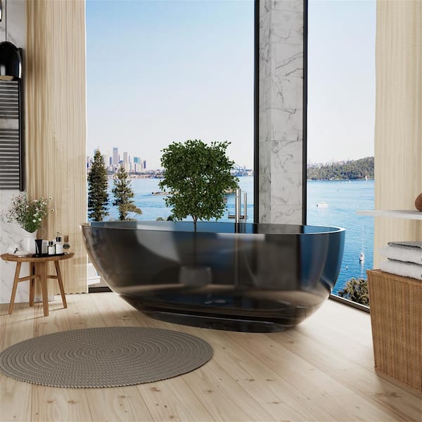 INSTER Iridescent 70.8 in. Composite Solid Surface Flatbottom Bathtub Egg Shape Soaking Bathtub in Transparent Black Ash