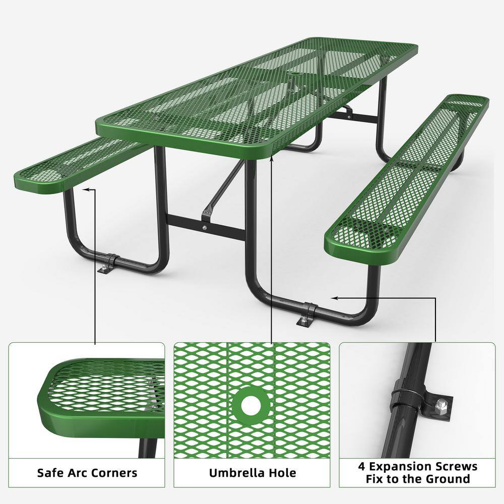 96" Green Steel Rectangular Outdoor Picnic Table with Umbrella Hole