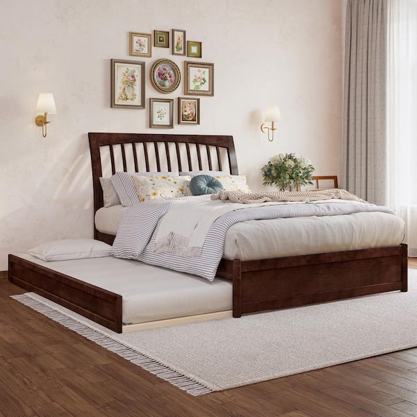 Roslyn Walnut Brown Solid Wood Frame Full Platform Bed with Panel Footboard and Twin Trundle