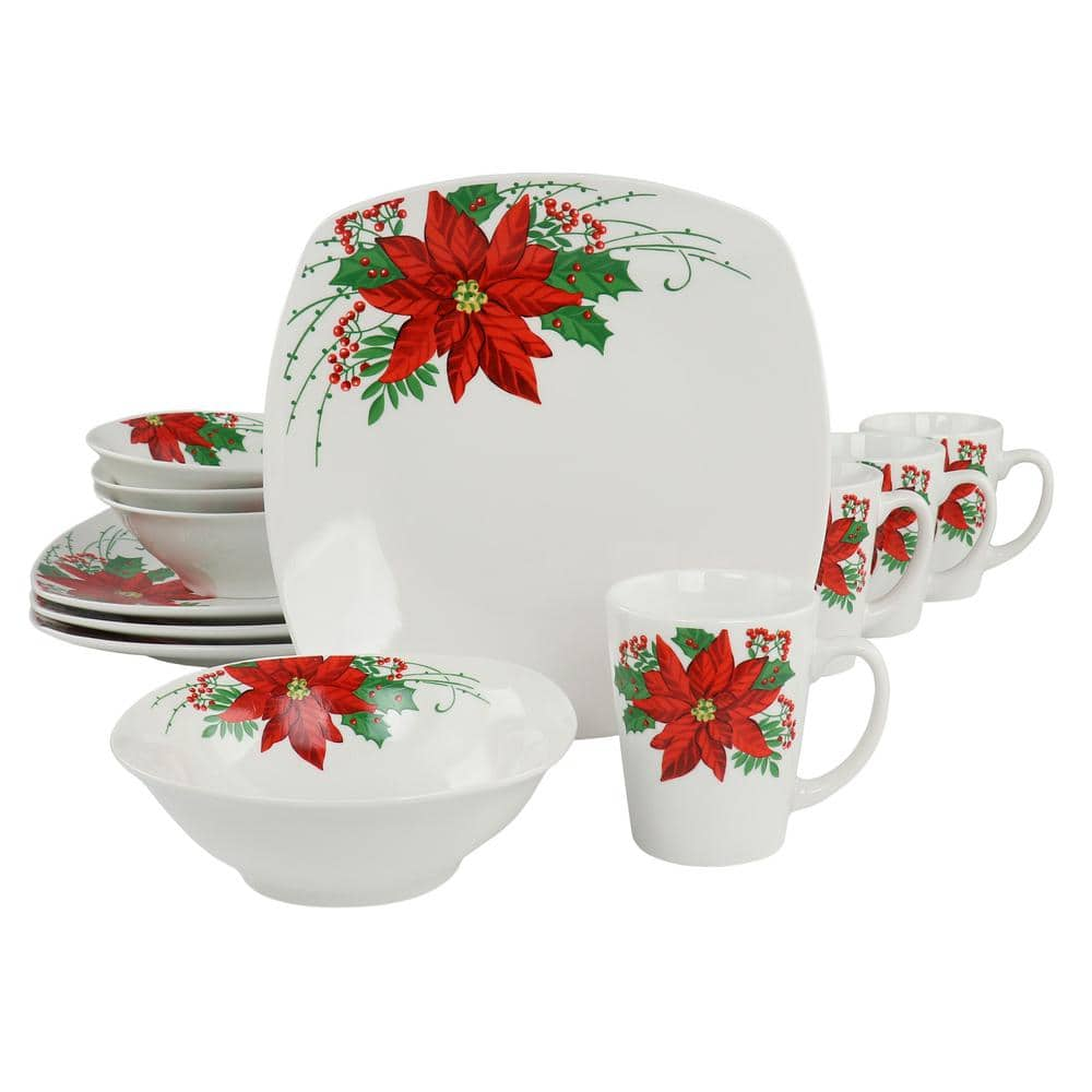 GIBSON HOME Pollyanna 12-Pcs Fine Ceramic Dinnerware Set Service of 4 in Red  Floral 985120328M - The Home Depot