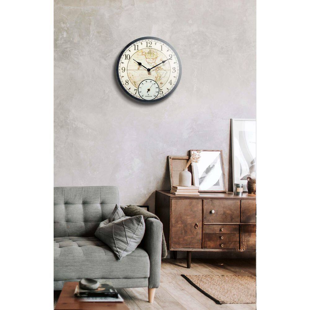 Black Vintage-Style World Map 14" Indoor/Outdoor Wall Clock