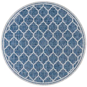 Trebol Navy/Gray 5 ft. Moroccan Trellis Textured Weave Indoor/Outdoor Round Area Rug