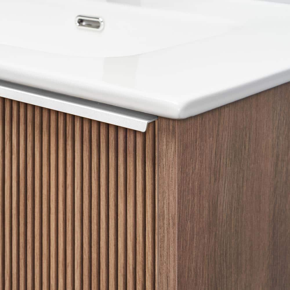 40" Medium Brown MDF Wall-Mounted Vanity with White Ceramic Sink