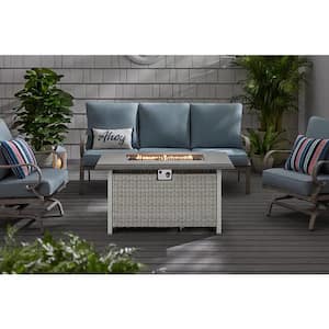 Anaheim 49 in. x 25.5 in. Square Aluminum and Stainless Steel White Gas Fire Pit with Concrete-Look Tile Top