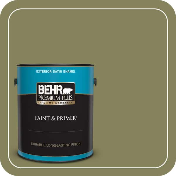 BEHR PREMIUM PLUS 1 gal. #PMD-47 Martini Olive Satin Enamel Exterior Paint & Primer