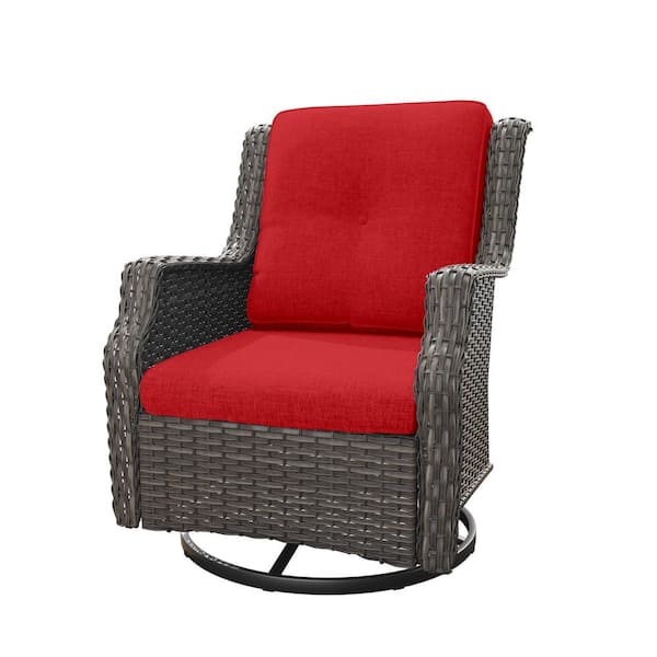 Wicker Patio Outdoor Lounge Chair Swivel Rocking Chair with Red Cushions