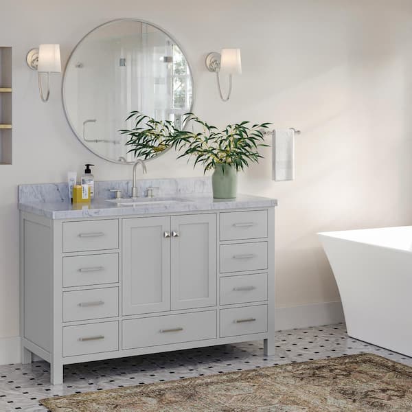 ARIEL Cambridge 55 in. W x 22 in. D x 36 in. H Bath Vanity in Grey with Carrara White Marble Top