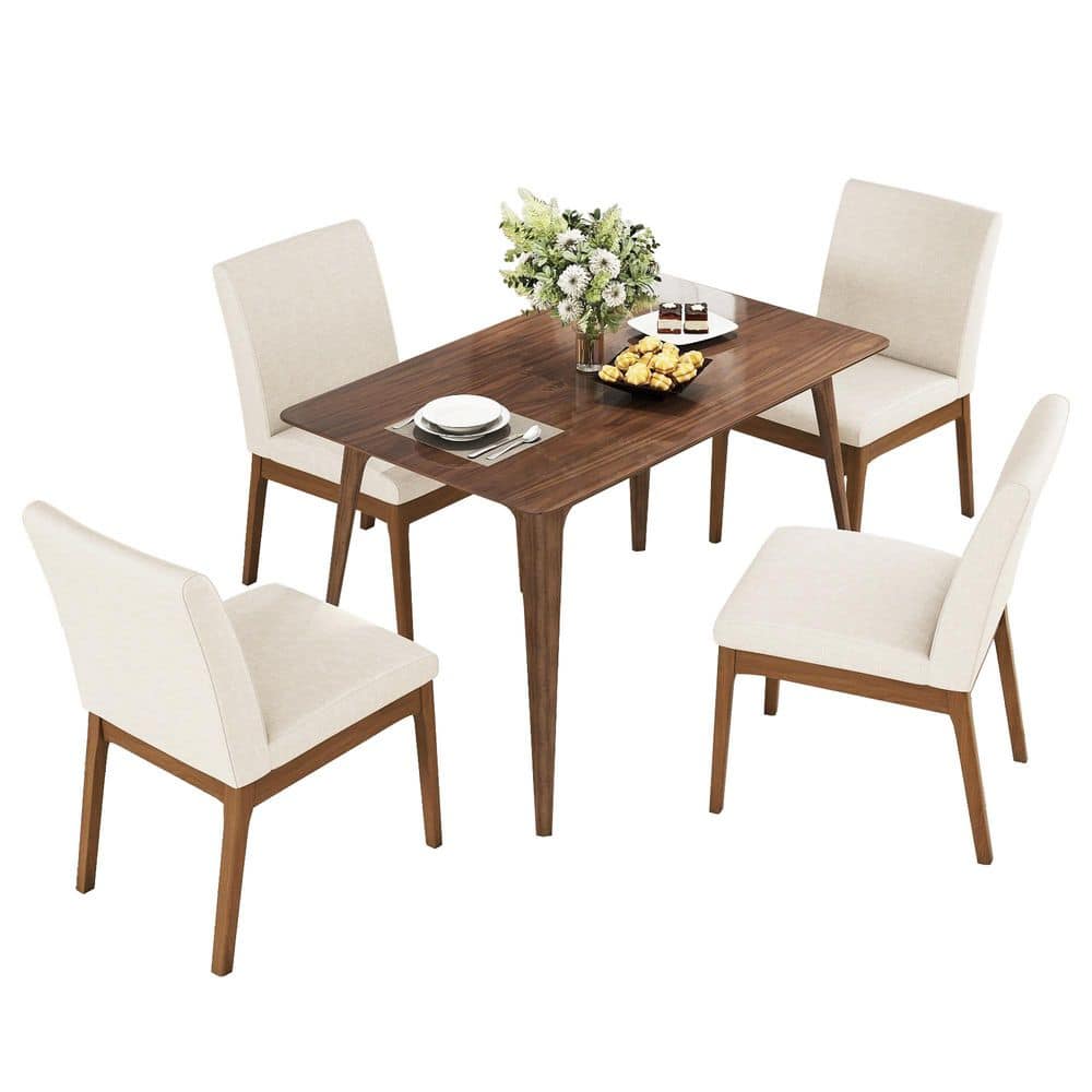 5-Piece Wood Walnut Outdoor Dining Set with Beige Cushion for Dining
