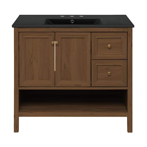 Chateau 36 in. Freestanding Bathroom Vanity in Brown Oak with Black Ceramic 3-Hole Widespread Sink Top