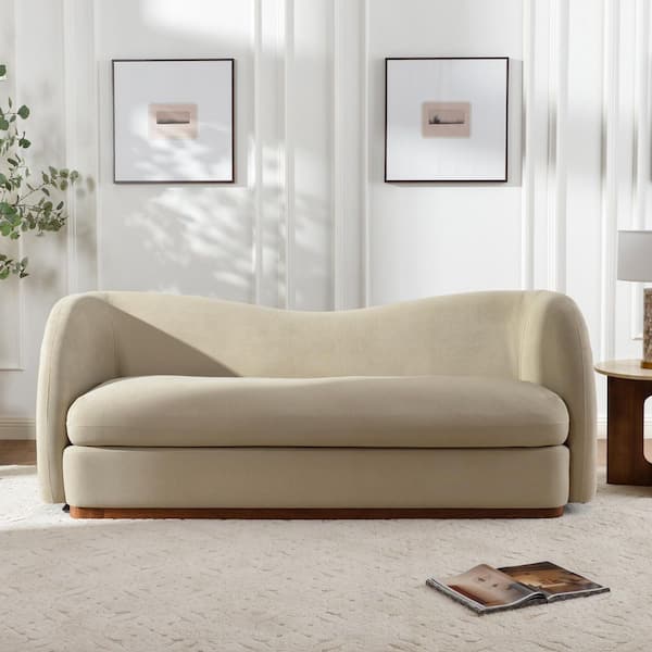 84 in. Wide Slope Arm Linen Upholstered Curved Sofa With Solid Wood Base in Tan
