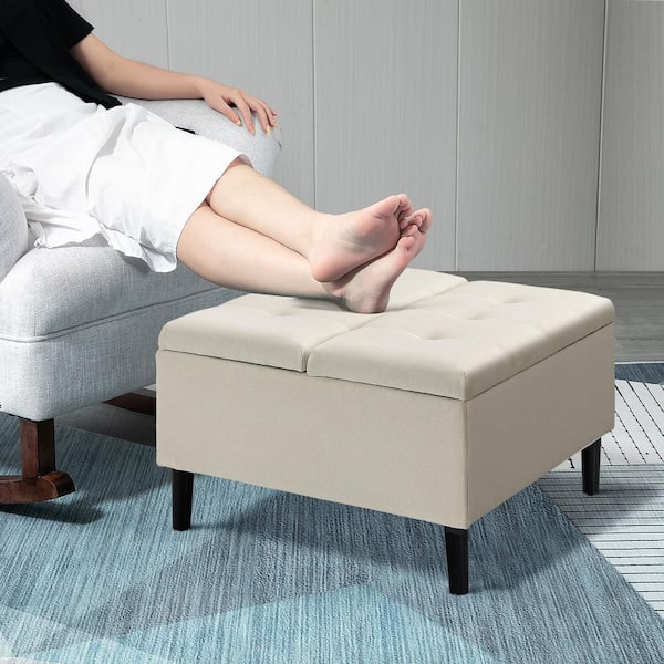 HOMCOM Cream White Fabric Square Accent Medium Ottoman
