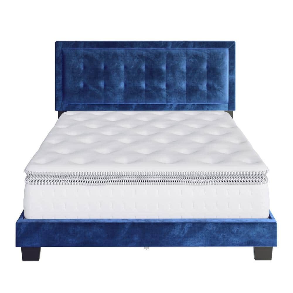 Sapphire Blue Velvet Full Platform Bed with Tufted Headboard