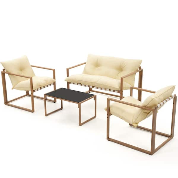 PamaPic 4-Piece Metal Outdoor Patio Conversation Set with Beige Cushions