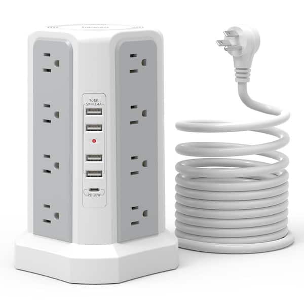 Lukyamzn 6 ft. Extension Cord 16-Outlet Power Strip Surge Protector Tower in White with 5 USB Ports