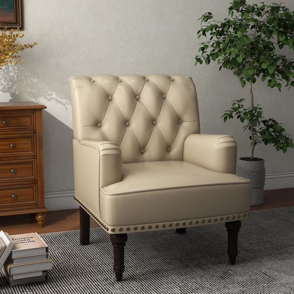 Mid-Century Modern Solid Wood Legs Beige PU Leather Button Upholstered Accent Armchair With Nailhead Trim