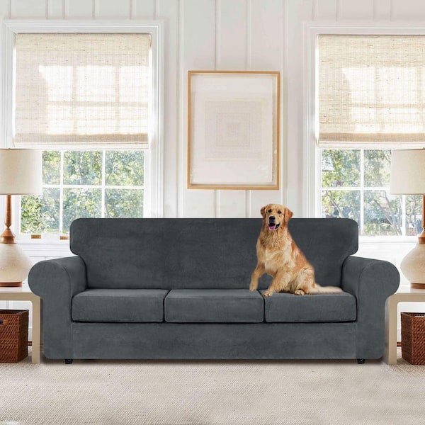 Angel Sar Dark Grey Velvet High Stretch Couch Slipcovers for 3