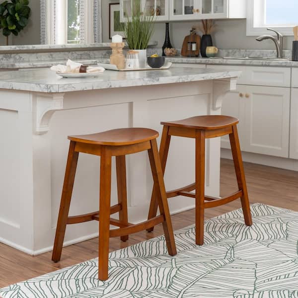 Linon Home Decor Cyrus 26 in. Brown Backless Wood Counter Stool with Wood Seat (Set of 2)