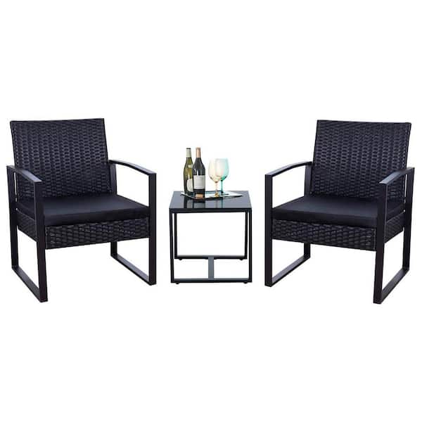 Outdoor Bistro Set With Black Cushion, 3 Piece Resin Wicker Patio Furniture Set