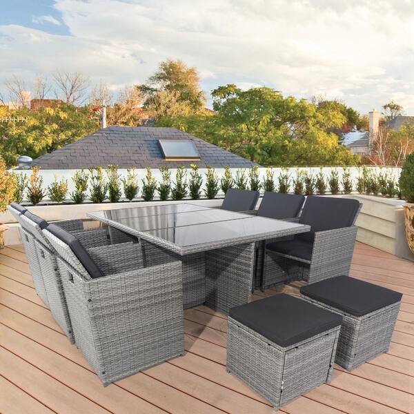Nestfair Gray 11-Piece Wicker Outdoor Dining Set with Black Cushion