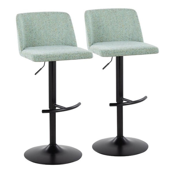 Lumisource Toriano 33 in. Light Green Fabric and Black Metal Adjustable Bar Stool with Rounded T Footrest (Set of 2)