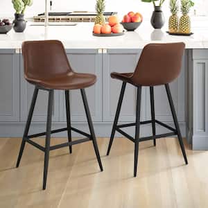 36.6 in. Dark Brown 26 in. H Low Back Metal Frame Cushioned Counter Height Bar Stool with Faux Leather seat (Set of 2)