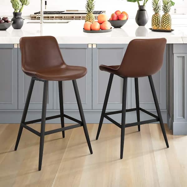 OrangeOne 36.6 in. Dark Brown 26 in. H Low Back Metal Frame Cushioned Counter Height Bar Stool with Faux Leather seat (Set of 2)