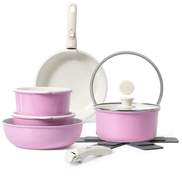 15-Piece Aluminum Pots and Pans Set Non Stick, Cookware Sets with Detachable Handle, Oven Safe, Induction Fast, Pink