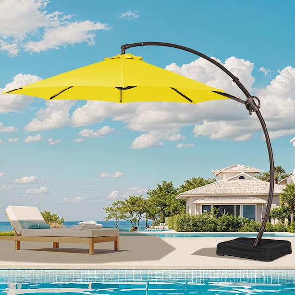 JEAREY 11 ft. L Outdoor Aluminum Curvy Cantilever Offset Hanging Patio Umbrella with Sandbag Base and Cover in Yellow