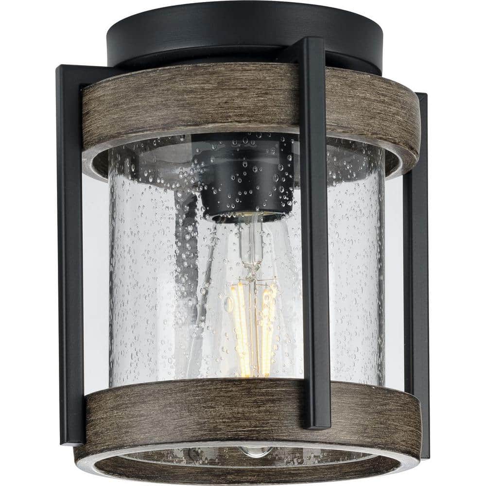 Matte Black and Clear Seeded Glass Outdoor Flush Mount Light