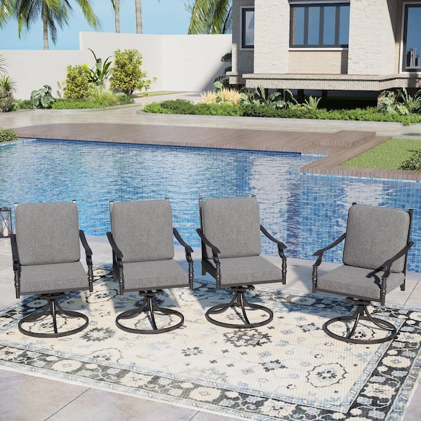 PHI VILLA Black Metal Swivel Gourd-shaped Design Patio Outdoor Dining Chair with Gray Cushion (4-Pack)