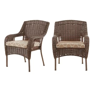 Cambridge Brown Wicker Outdoor Patio Dining Chair with CushionGuard Toffee Trellis Tan Cushions (2-Pack)